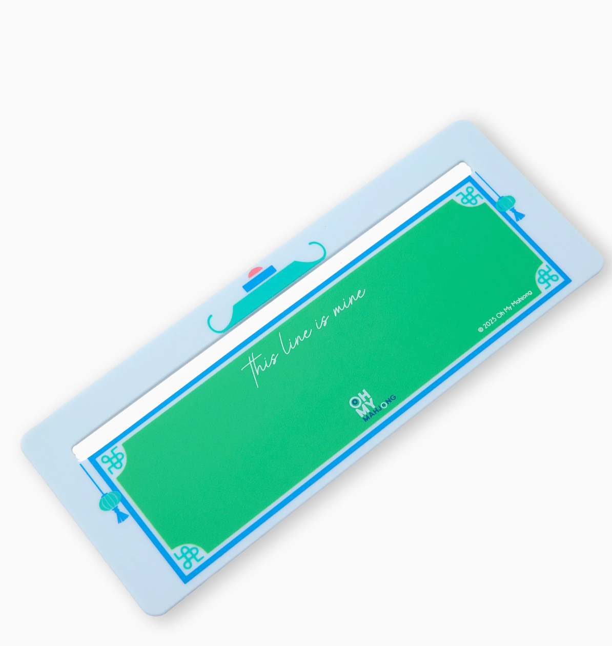 Oh My Mahjong light blue line finder with a green center reading “this line is mine” and blue decorative borders.