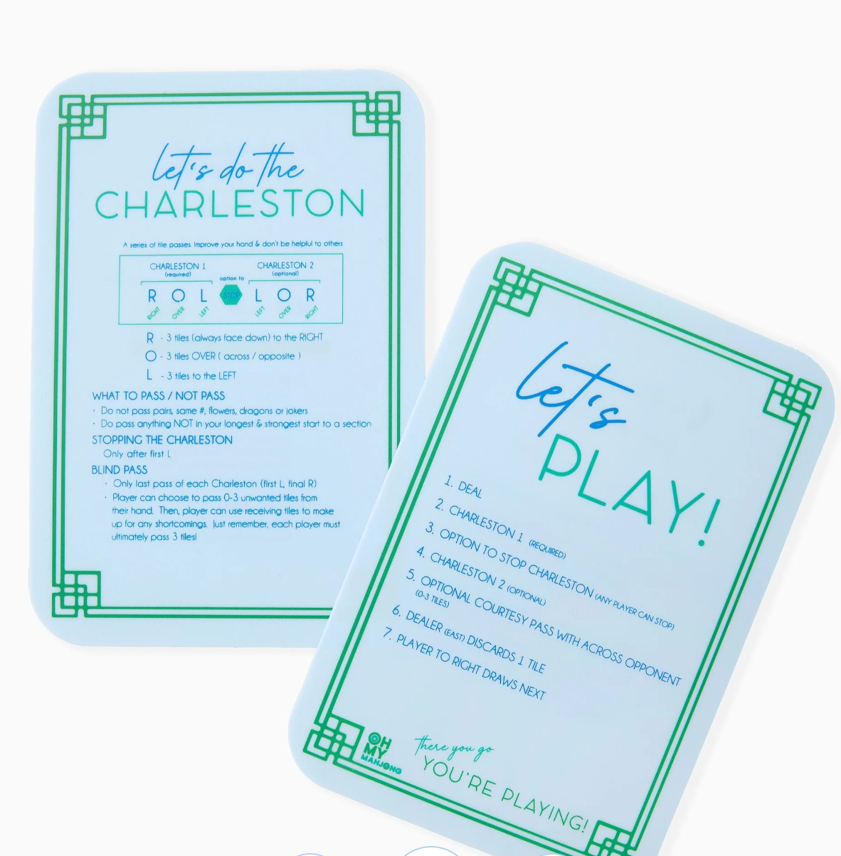 Oh My Mahjong light blue tile shufflers with green borders, showing Charleston passing reminders and the order of play.”