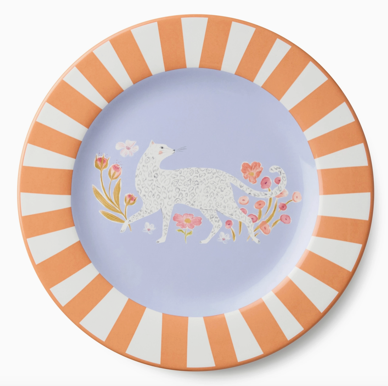 Decorative plate with a kangaroo design and striped border on a white background