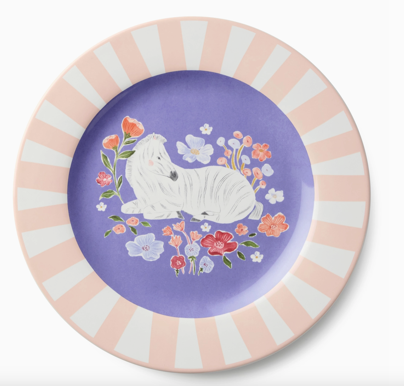 Decorative plate with a white dog and floral design on a purple background