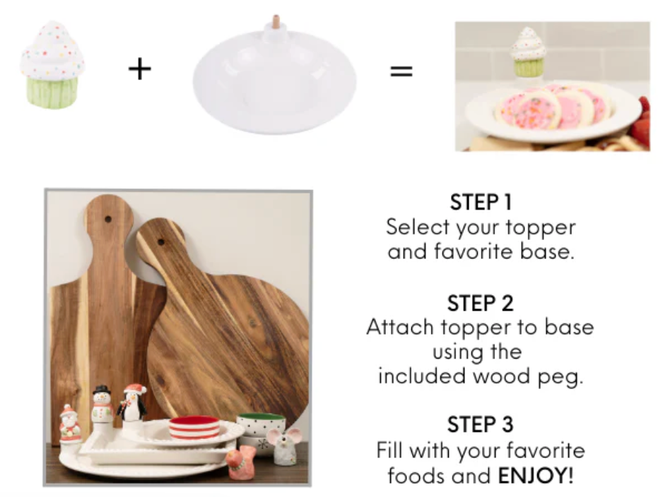Acacia wood charcuterie boards, one round and one rectangle, with interchangeable decorative topper system, shown with setup instructions and   Ceramic Platter and bowls with toppers stacked in forefront on a white background. 
