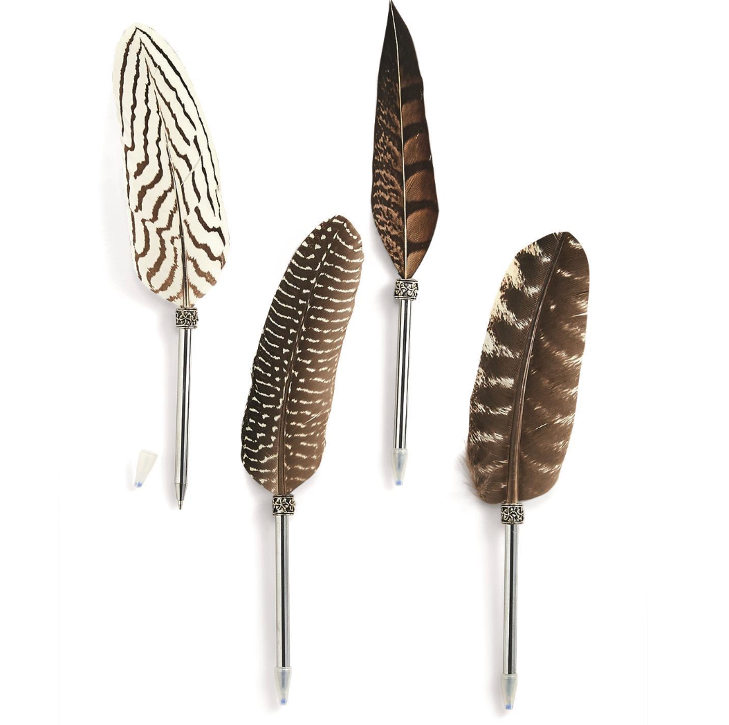 Four feather pens with silver handle on pen.  Natural Feathers are different colors of white, brown and black. Decorative tips on a white background