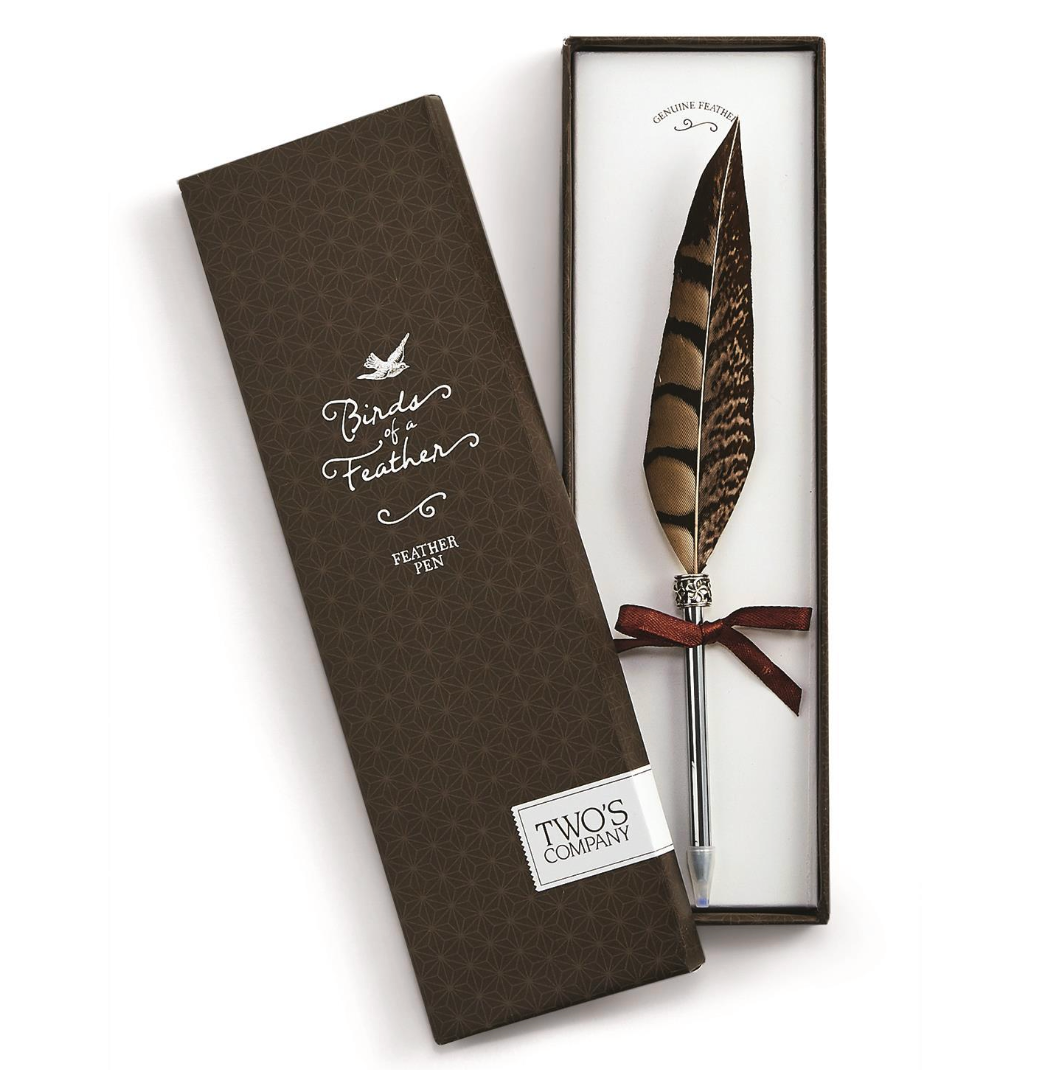 Feather pen in a branded gift box with logo Pen is refillable, with natural brown and black feather  on a white background