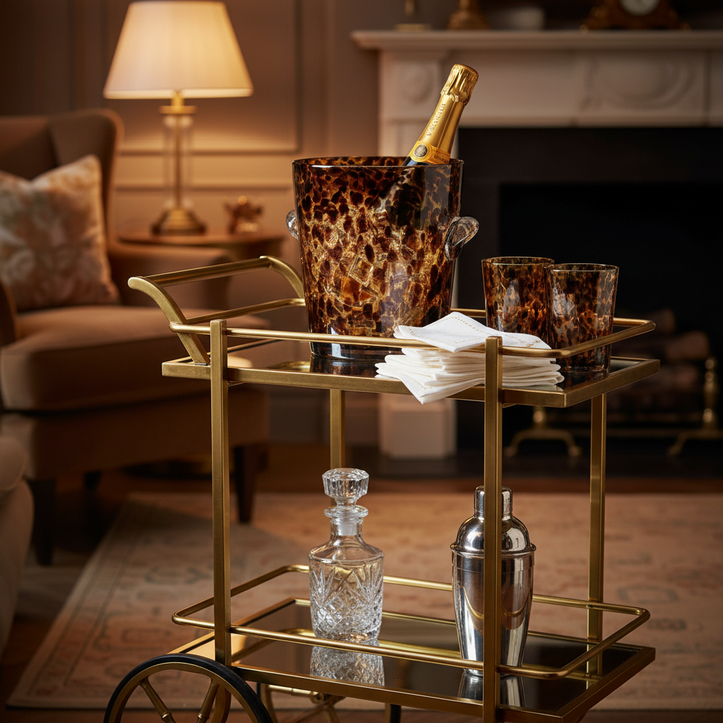 Tortoiseshell-patterned glass ice bucket with a bottle of champagne on a wooden surface.