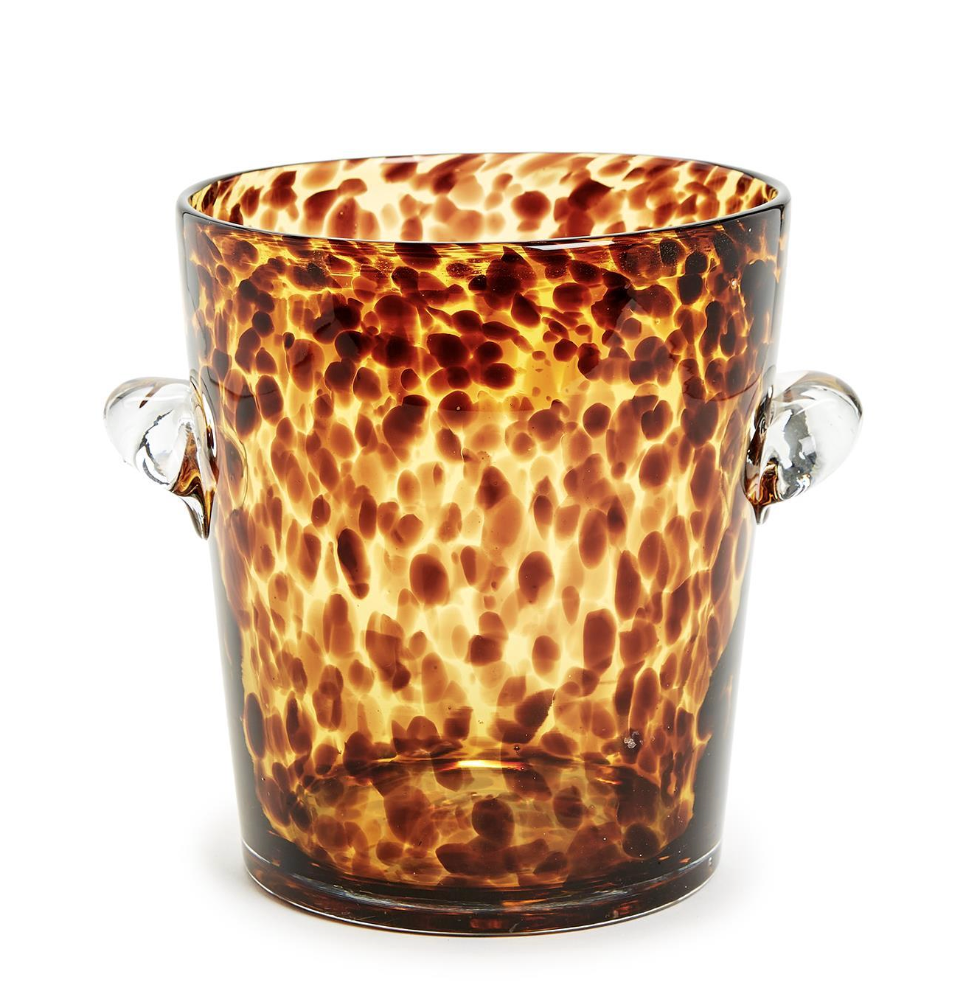 Tortoiseshell patterned glass ice bucket or vase with handles on a white background