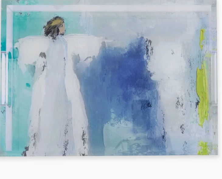 Abstract art acrylic tray with blue, white, and yellow colors on a light blue background, abstact angel in white in foreground