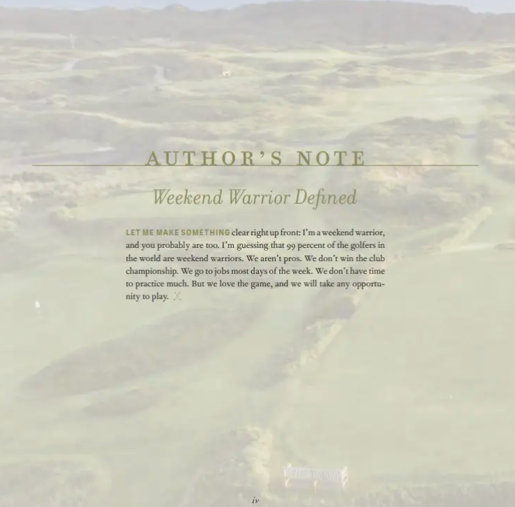 Atuhor's note from the book "Golfing the British Isles" with a blurred bakground of mountains

