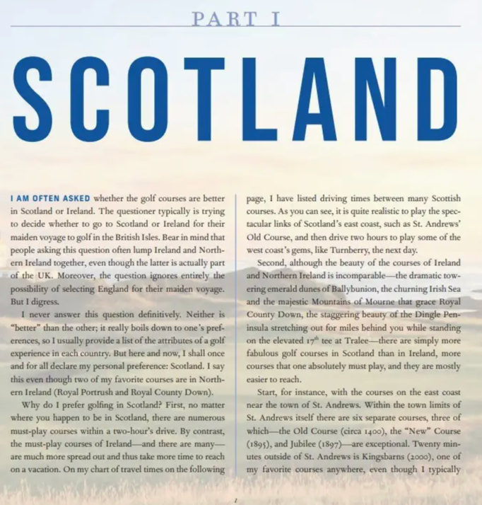  A page from the book "Golfing The British Isles" showing Text about Scotland with a blue 'Part I' at the top
