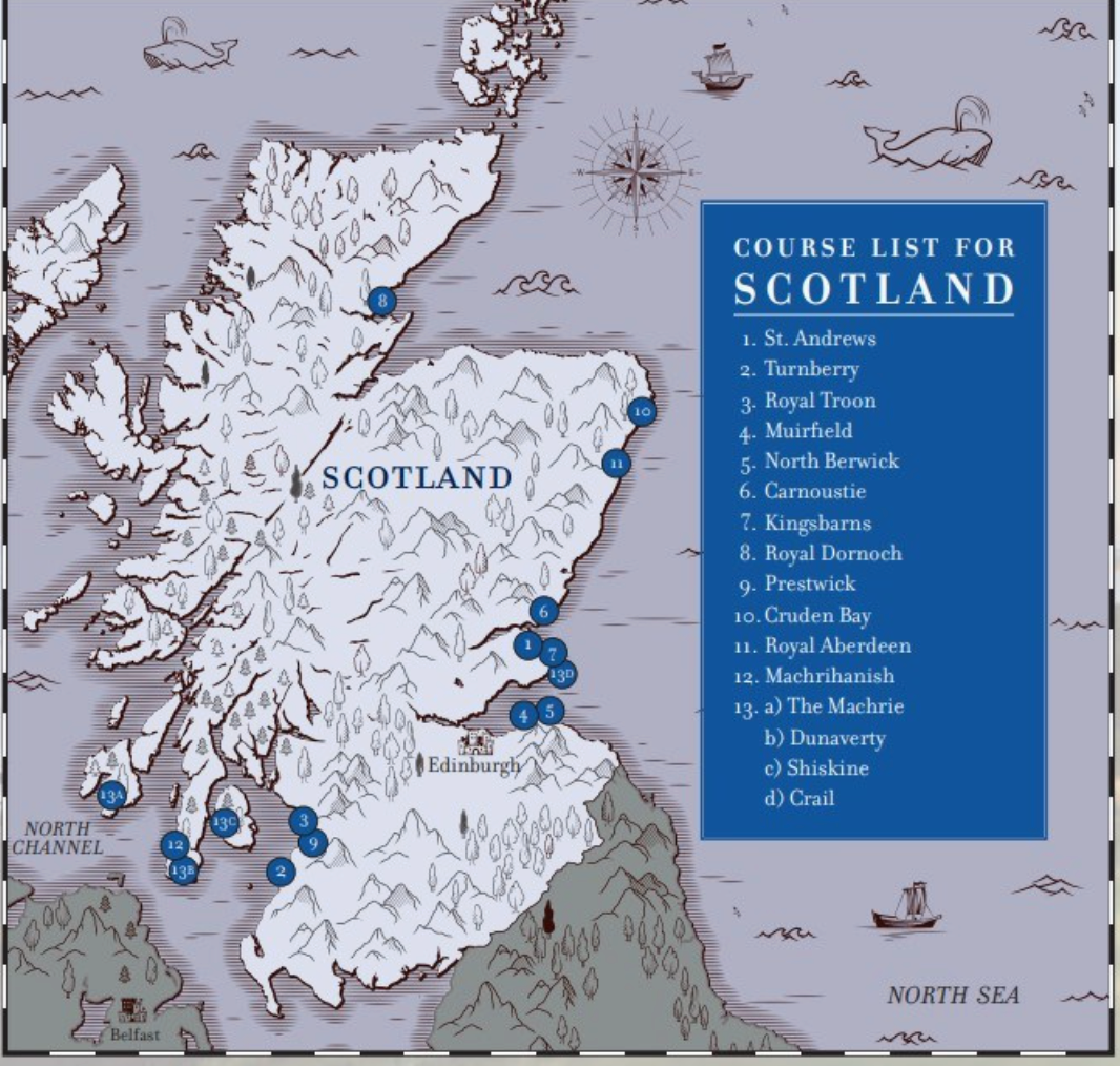  page from the book "Golfing The British Isles" showing a a map of Scotand on a gray background with list of golf courses shown on map