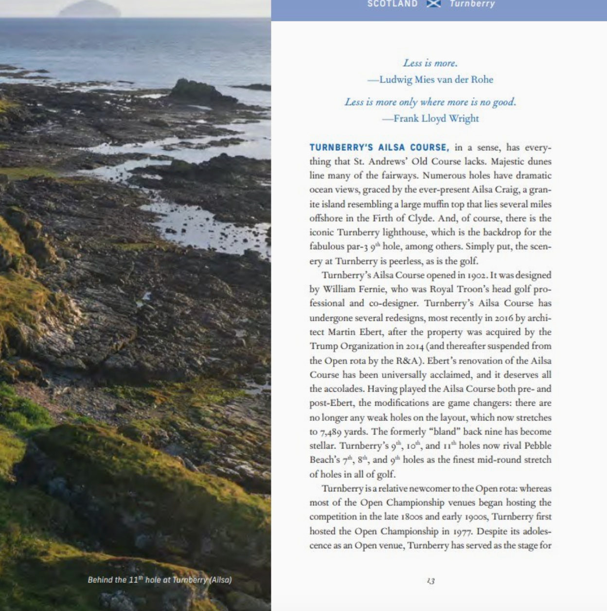 A page from the book "Golfing The British Isles" showing a beach with black sand and copy on a white page
