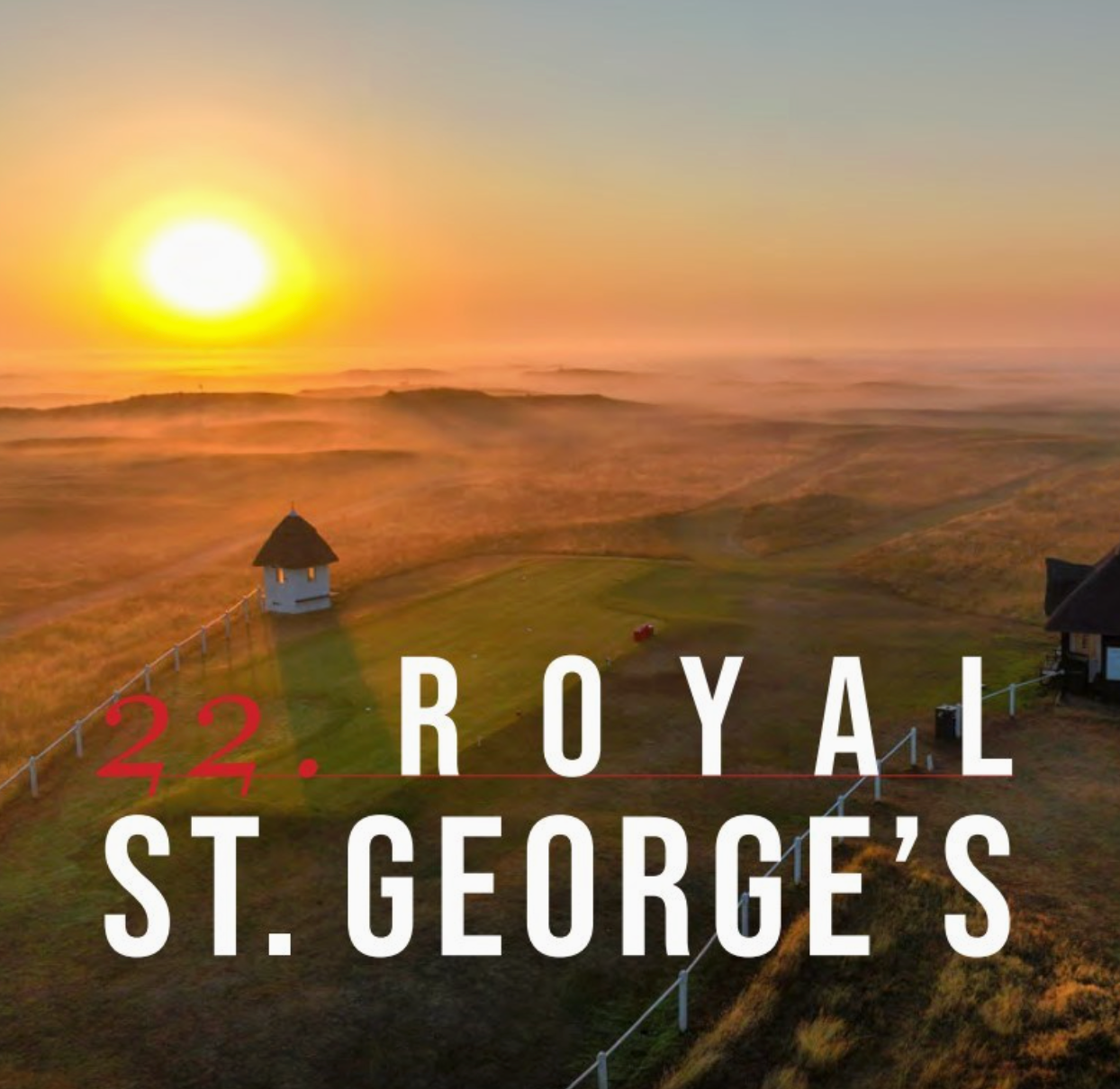  page from the book "Golfing The British Isles" showing a golf course at dawn with sun cming up and a small building