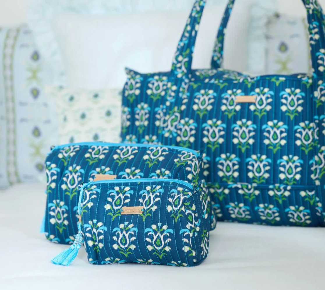 Navy blue and green patterned quilted bags in 3 sizes on light background