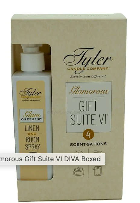 Tyler Candle Diva  Gift Set in box including a spray bottle, jar, and boon white background