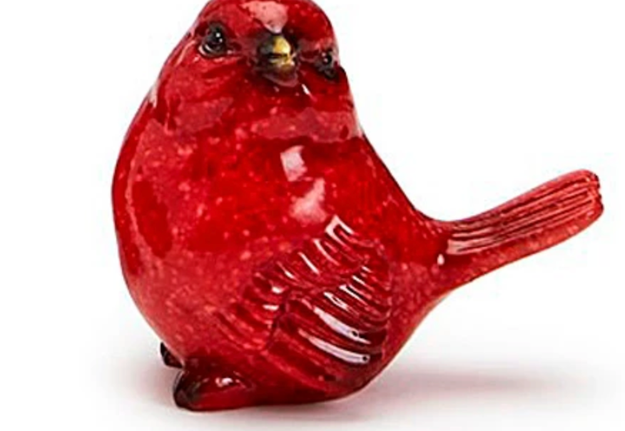 Two's Company Brand red cardinal with black eyes on white backround