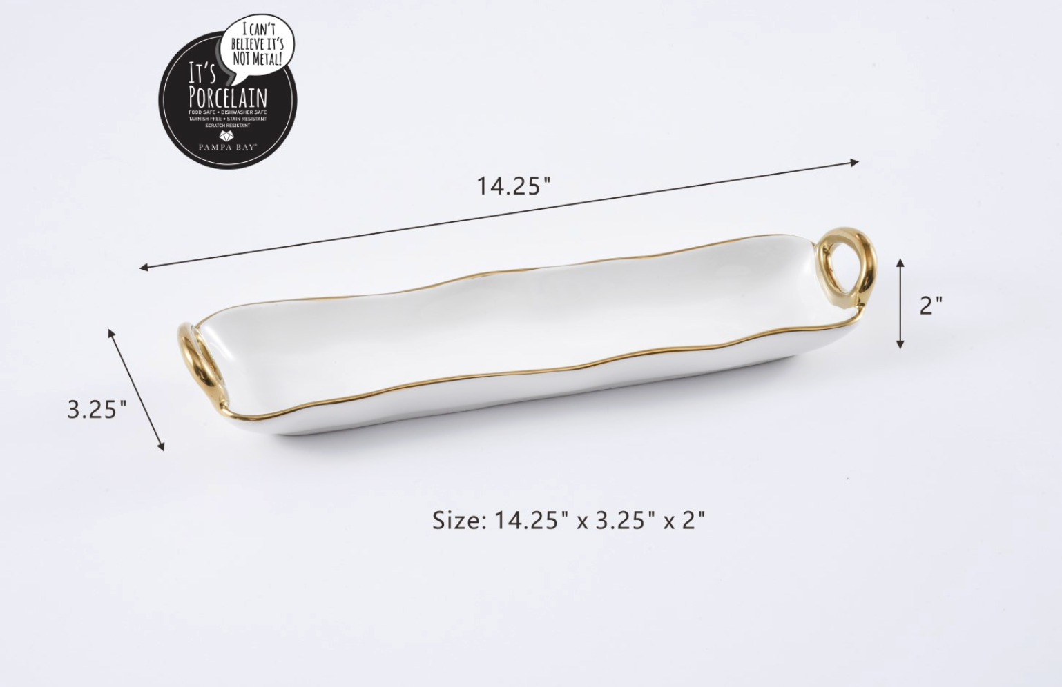 White ceramic tray with gold rim and measurements on a light gray background