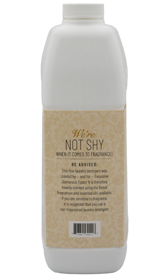White Glamorous Diva laundry detergent bottle with a beige label on a white background  