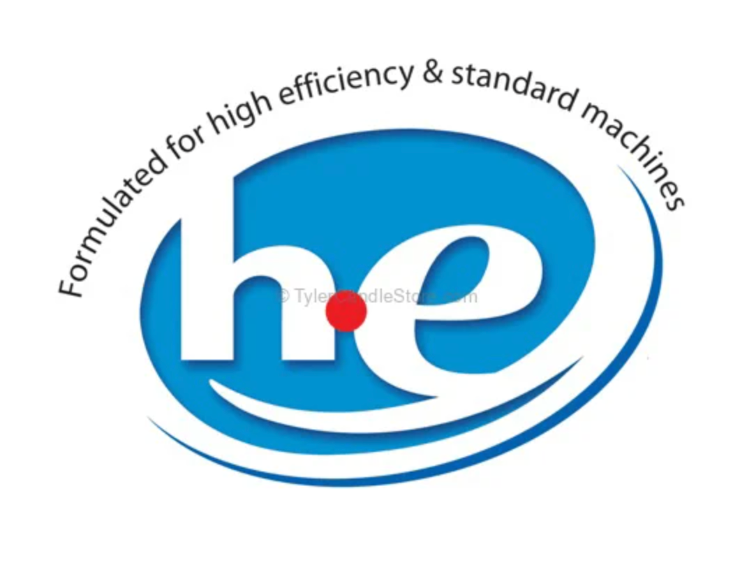 Logo with 'he' initials, blue and white design, and text about high efficiency and standard machines.
