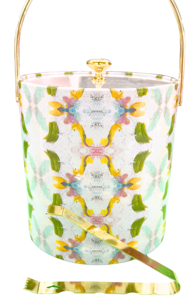 Patterned ice bucket with gold handle and tongs on a white background