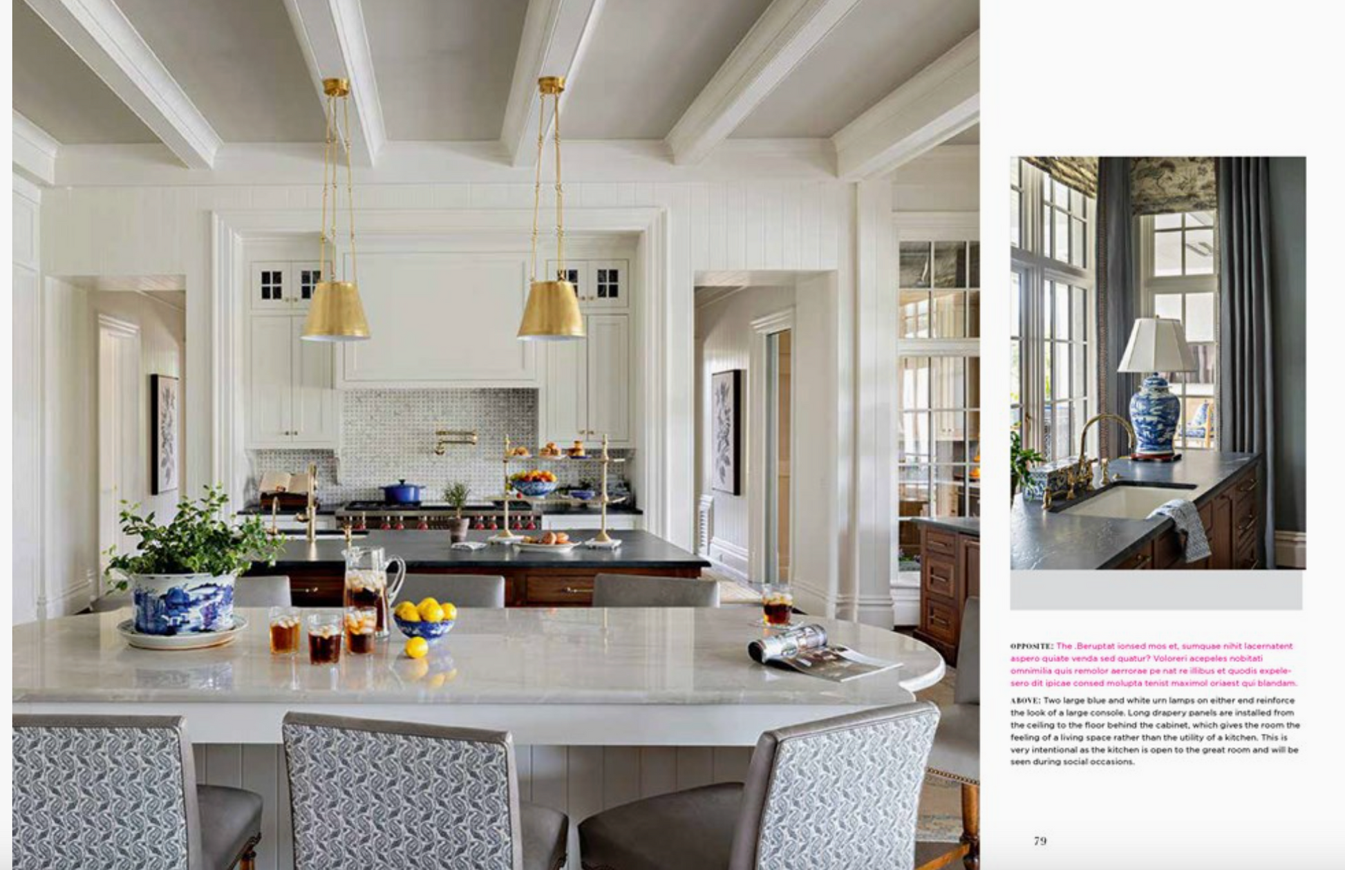 Modern kitchen with marble island and pendant lights, interior design magazine layout.