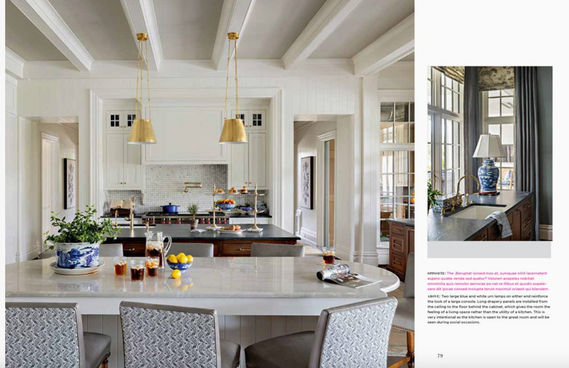 Modern kitchen with marble island and pendant lights, interior design magazine layout.