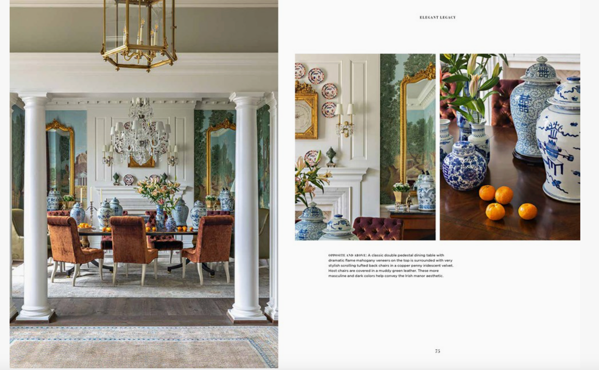 Interior design magazine spread with a dining room and decorative items.
