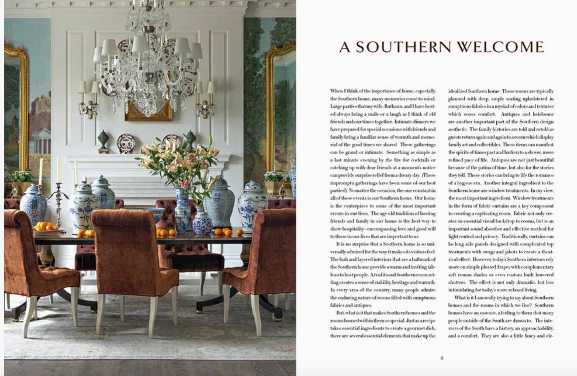Dining room with elegant decor and text on a magazine page.