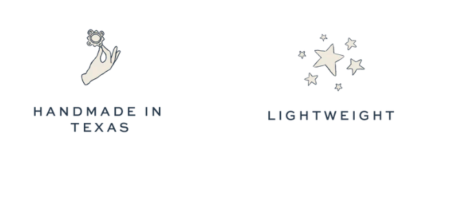Text 'Handmade in Texas' with a hand icon and 'Lightweight' with star icons on a white background.