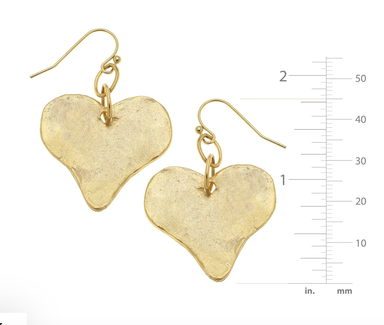 Gold heart-shaped earrings with a measurement scale on a white background