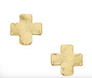 Two gold cross-shaped Susan Shaw stud earrings on a white background