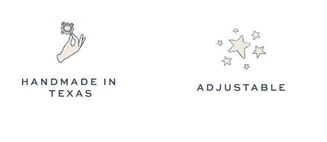 Text indicating 'Handmade in Texas' and 'Adjustable' with decorative elements on a white background.