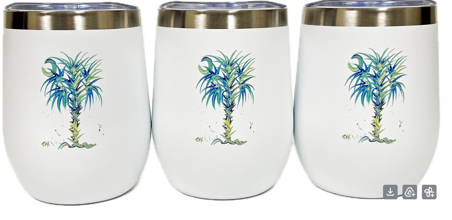 Three Turquoise Splender  Stainless Steel white tumblers with palm tree design on a white background