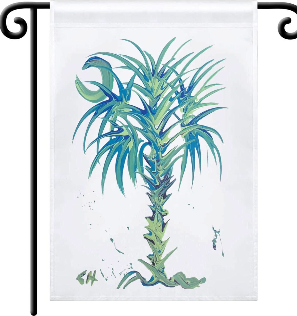 Decorative Calmettos garden flag with a palmetto tree design in green and turquoise on a white background