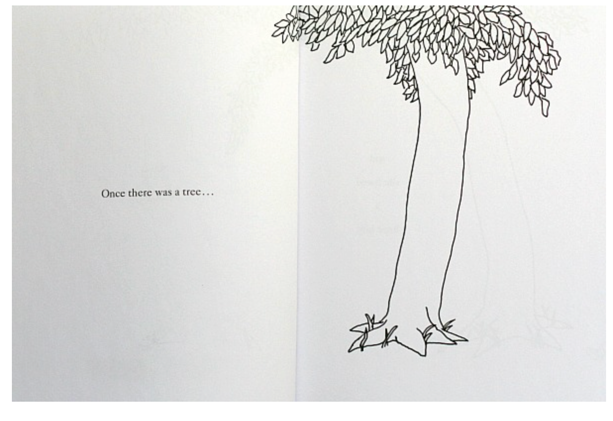 Page from the book "The Giving Tree. Simple black line drawing of a tree on a white background with text 'Once there was a tree...'. 