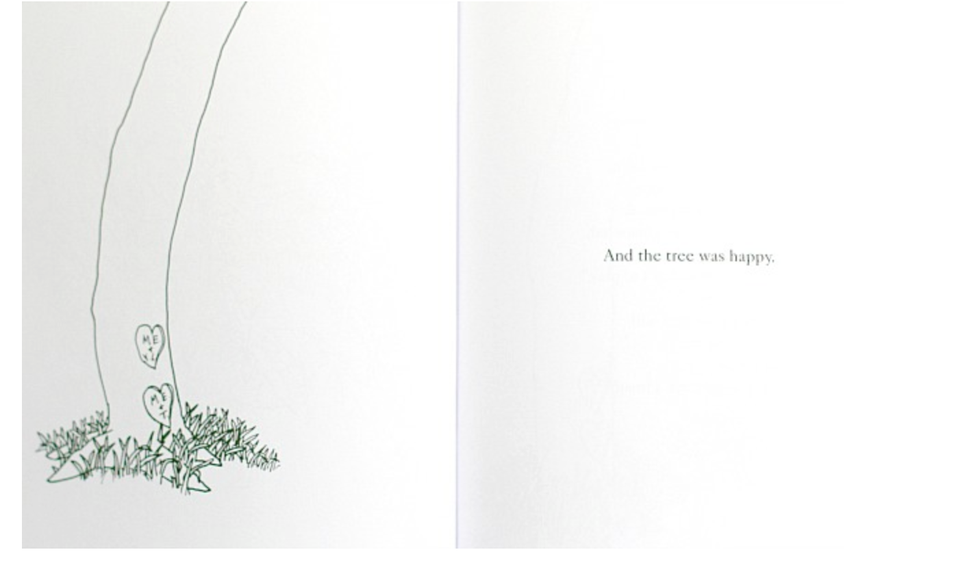 Illustration of a black and white illustrated tree with heart-shaped leaves on a white background, accompanied by text from the book, "The Giving Tree" by Shel Silverstein