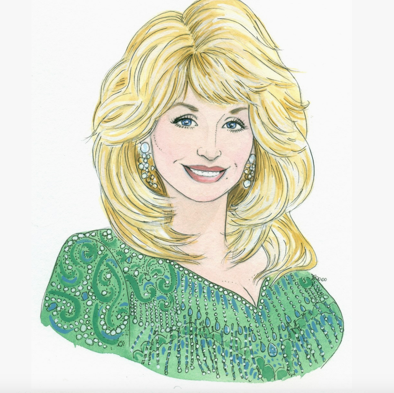 Illustration of a Dolly Parton with blonde hair and a green dress on a white background