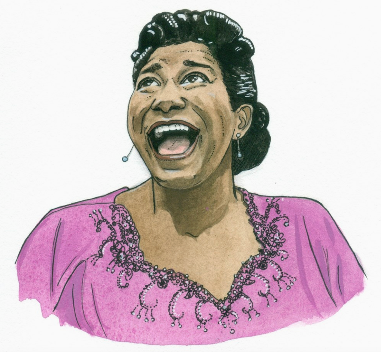 Cartoon illustration of a Mahalia Jackson singing and  wearing a pink blouse with lace details.