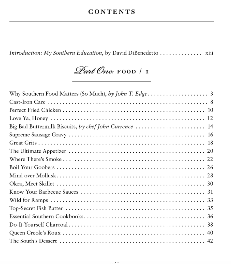 Table of contents for the book "a Southerner's Handbook"a book on Southern cuisine with chapter titles and page numbers.