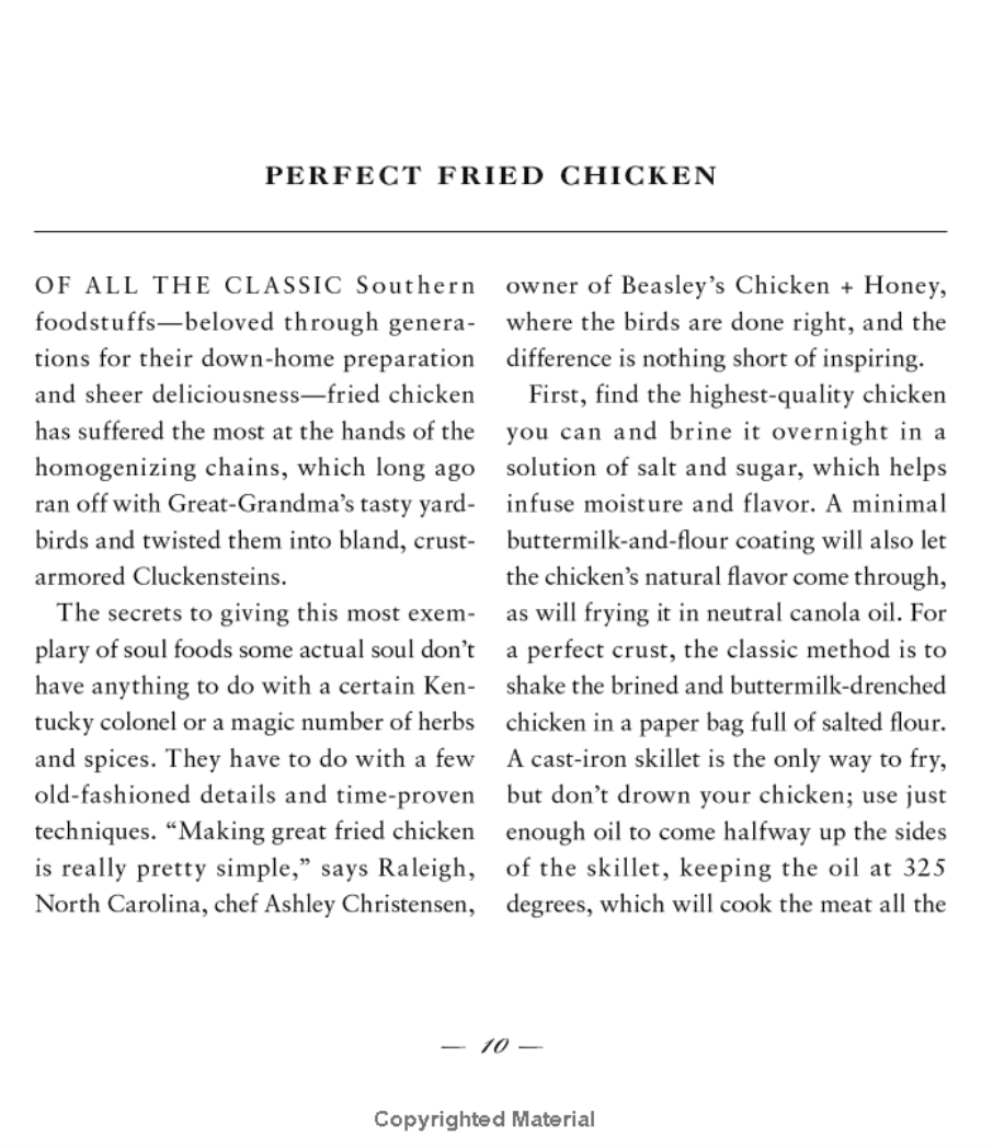 Text for the book, "A Southerner's Handbook on a white background about perfect fried chicken preparation. 
