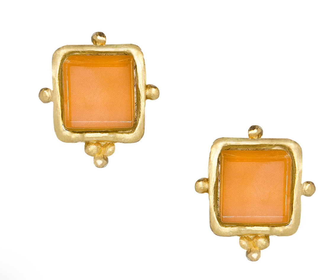 Susan Shaw Gold-framed earrings with orange square stones on a white background