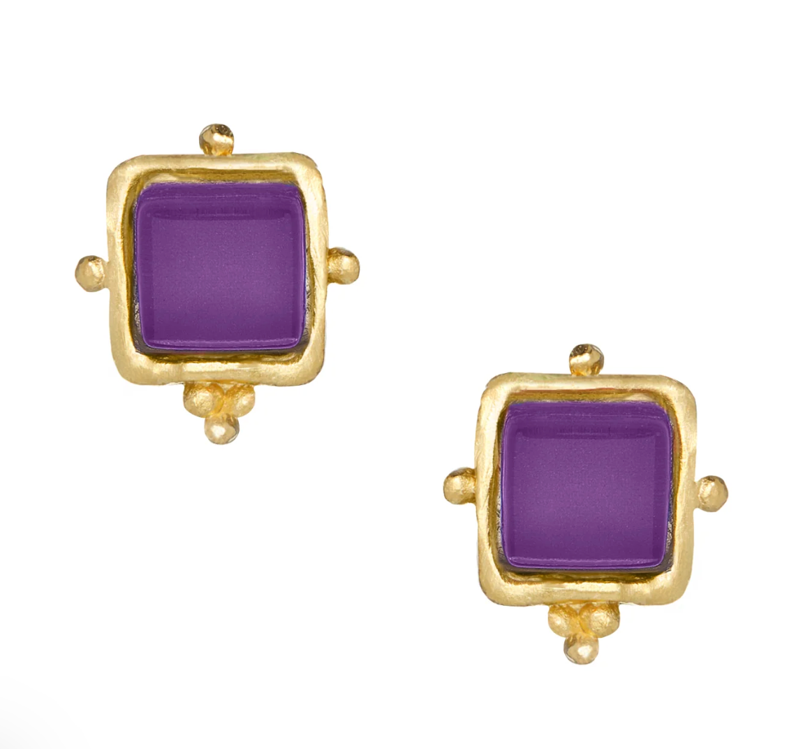 Gold-framed Susan Shaw purple square stud earrings in gold casing on a white background