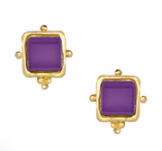 Gold-framed Susan Shaw purple square stud earrings in gold casing on a white background