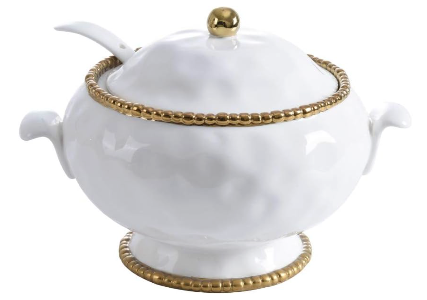 White ceramic and titanium Pampa Bay tureen, lid and spoon with gold accents on a light gray surface.