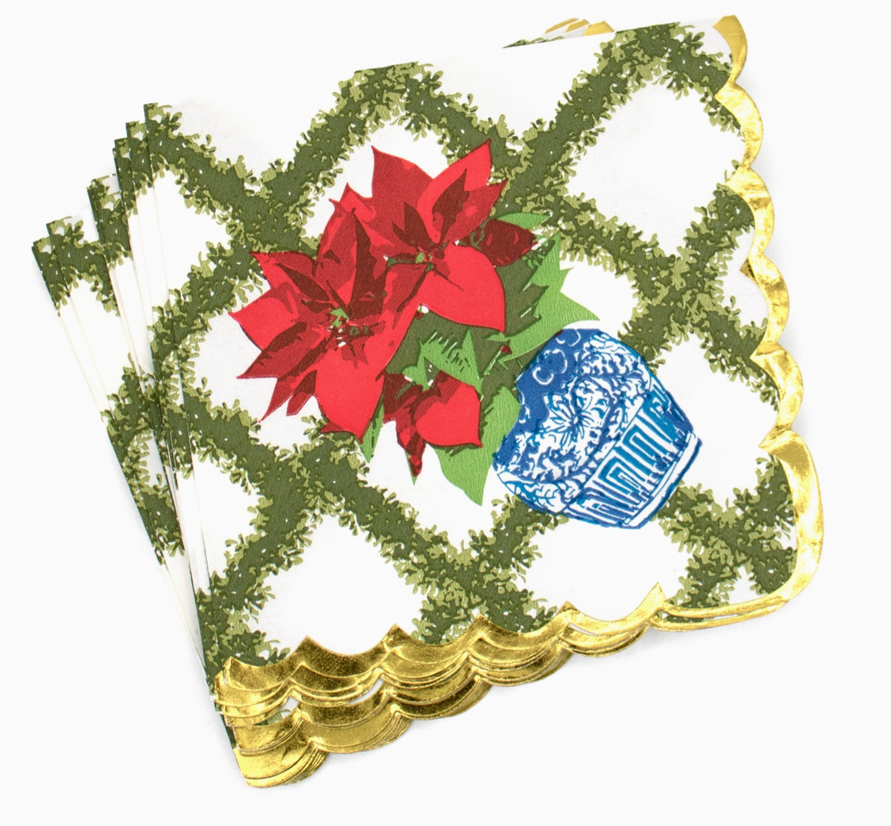 Decorative Christmas 8 Oak Lane Cocktail napkins with red poinsettias , a  green trellis. pattern and a blue vase on a white background with gold leaf effect scallop edge