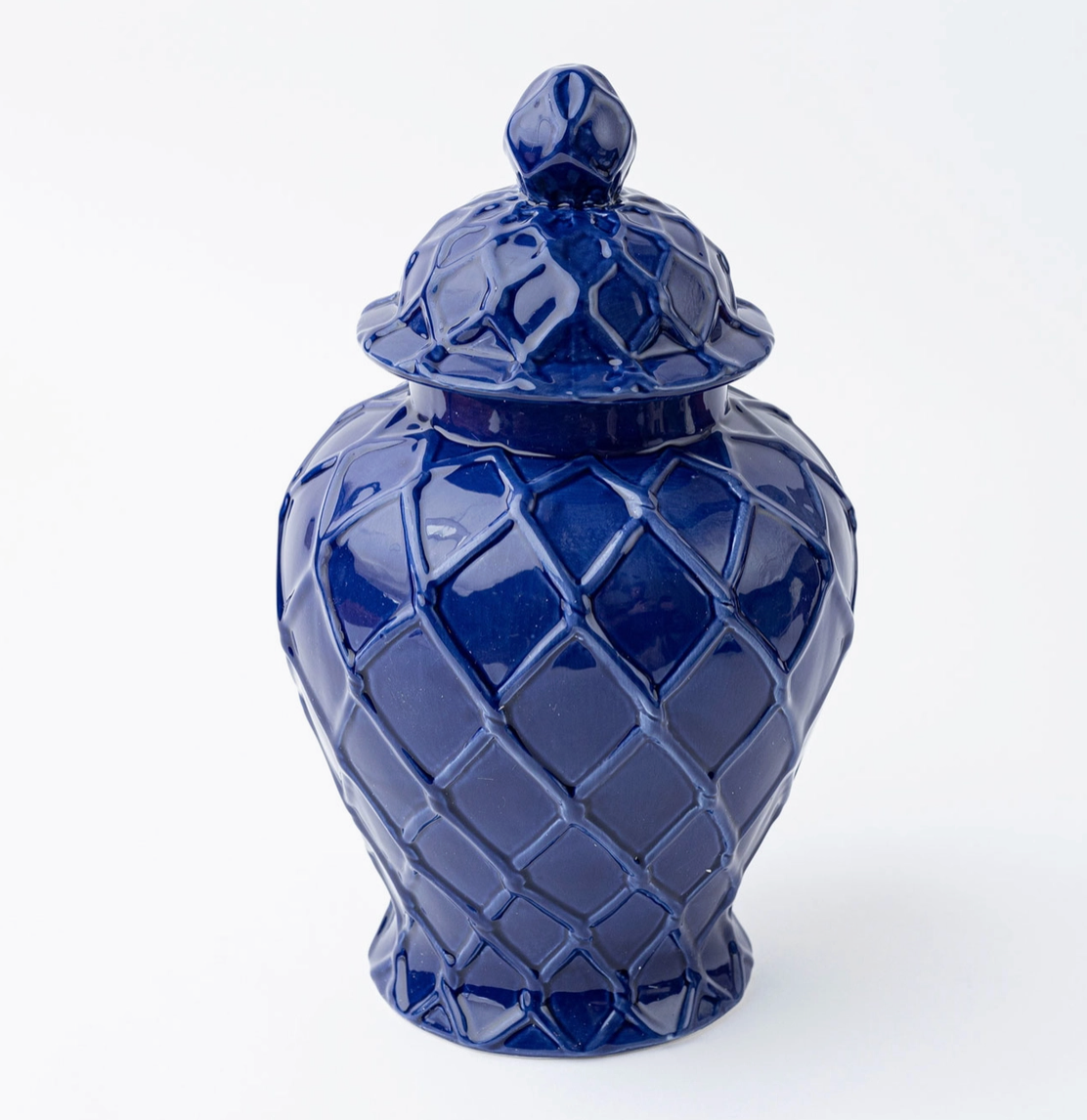 8 Oak Lane Brand Blue ceramic Large Ginger  jar with geometric pattern on a white background