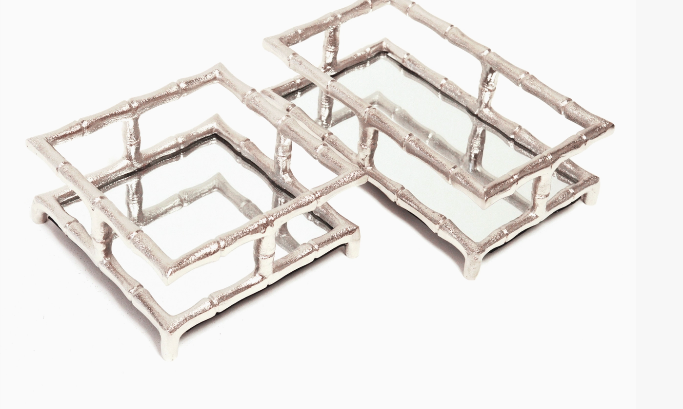 8 Oak Lane Brand silver bamboo cocktail and guest size napkin holder with mirrored bottom on a white background 