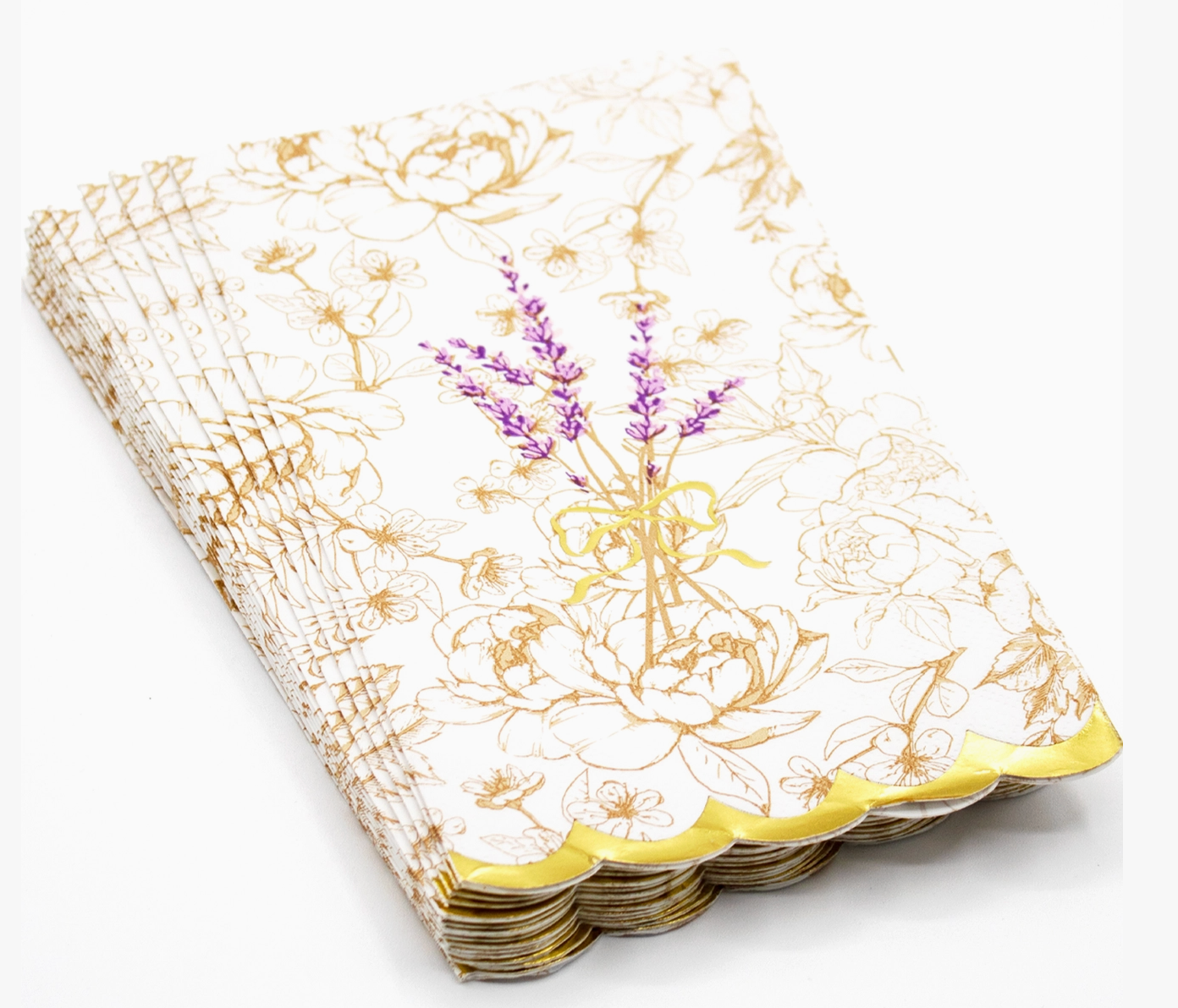 Stack of f8 Oak lane brand floral-patterned paper guest napkins with gold and purple accents on a white background
