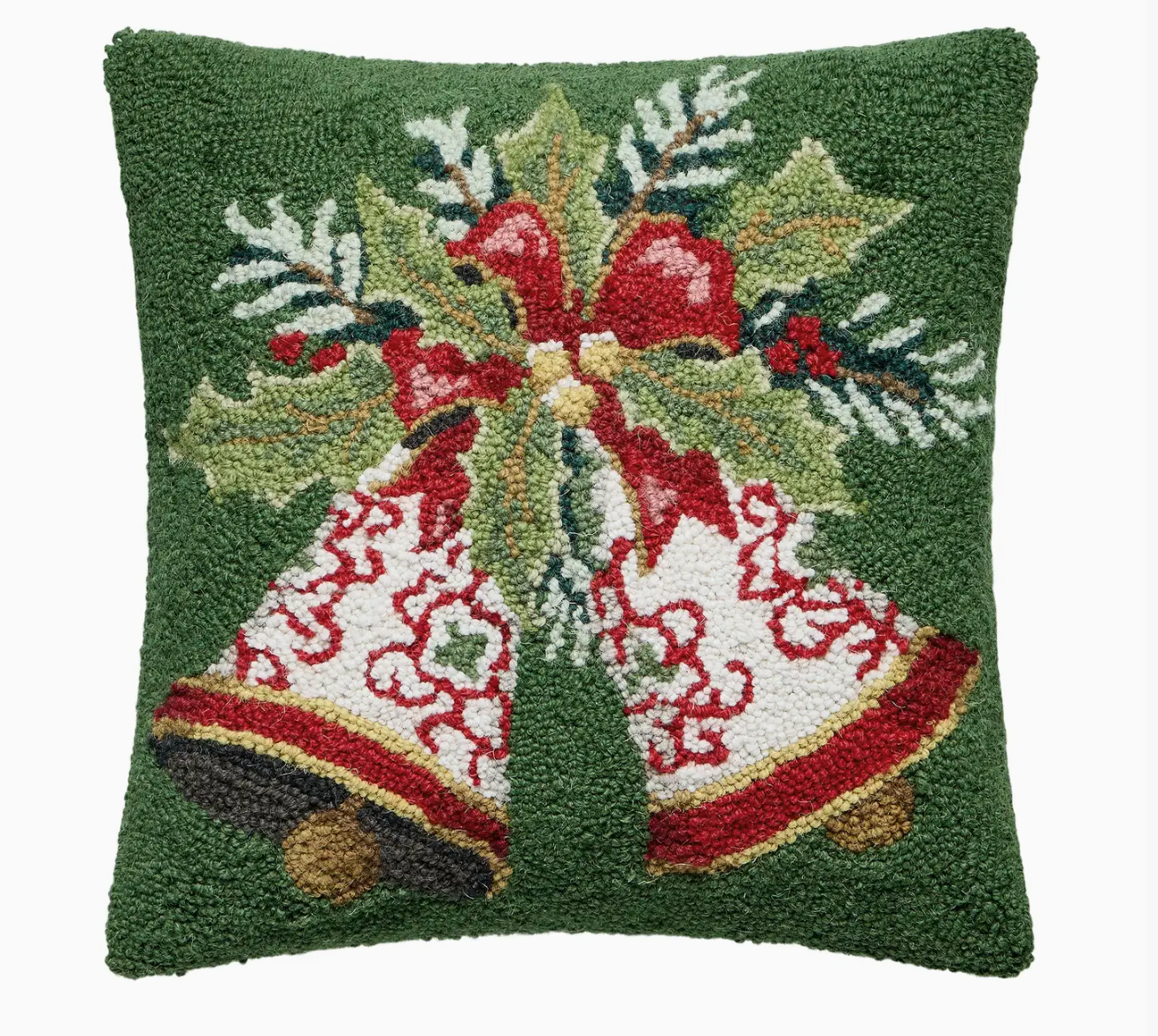 Holiday Hooked Pillow with Bells – Festive Christmas Jingle Bell Accent Pillow