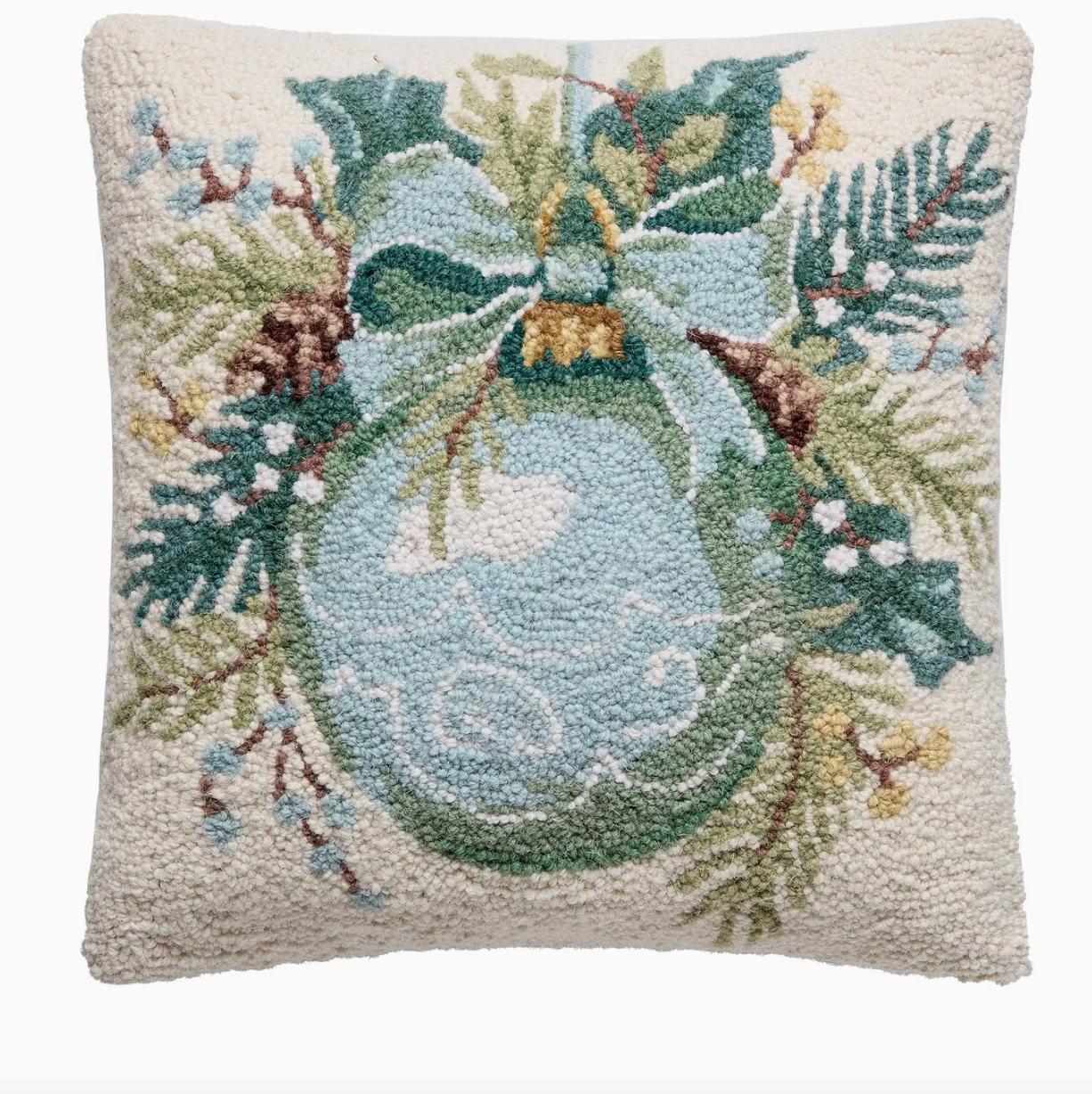 Holiday Ornament Hooked Square Pillow – Botanical Christmas Accent Pillow