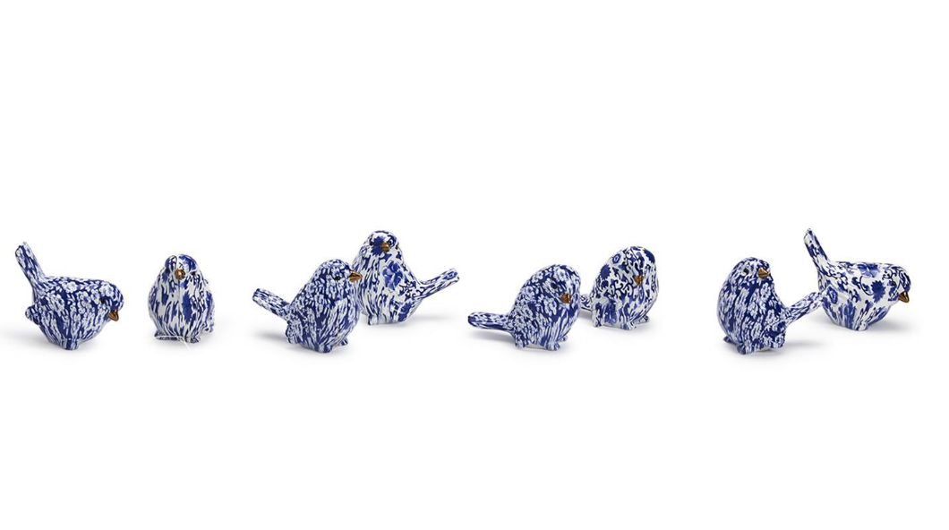 Two's Company Brand Set of blue and white ceramic chinoiserie birds on a white background