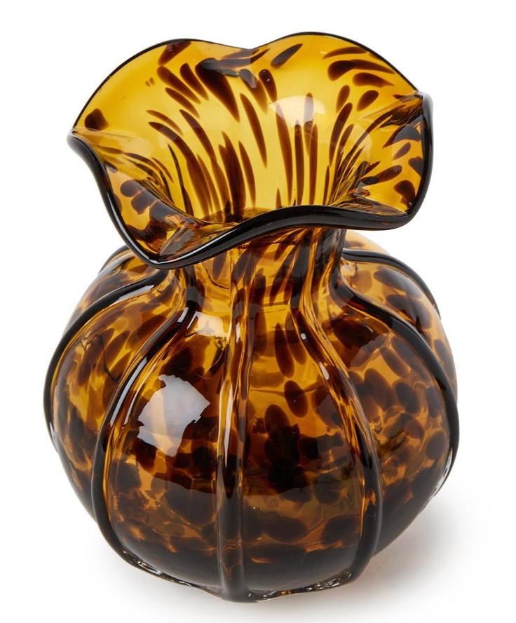 Close-up of ruffled tortoise vase showing textured ruffle detail and tortoise glaze finish" 